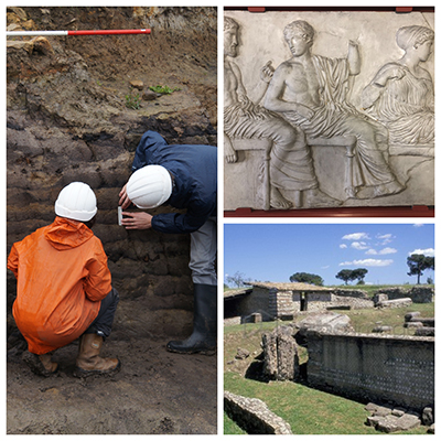 Dr Tanja Romankiewicz and Dr Ben Russell taking samples from a turf rampart at Vindolanda, near Hadrian’s Wall, for the Earthen Empire project, Assembly of the gods from East frieze of the Parthenon, 440 BC (from the Classical Archaeology Cast Collection, the site at Aeclanum